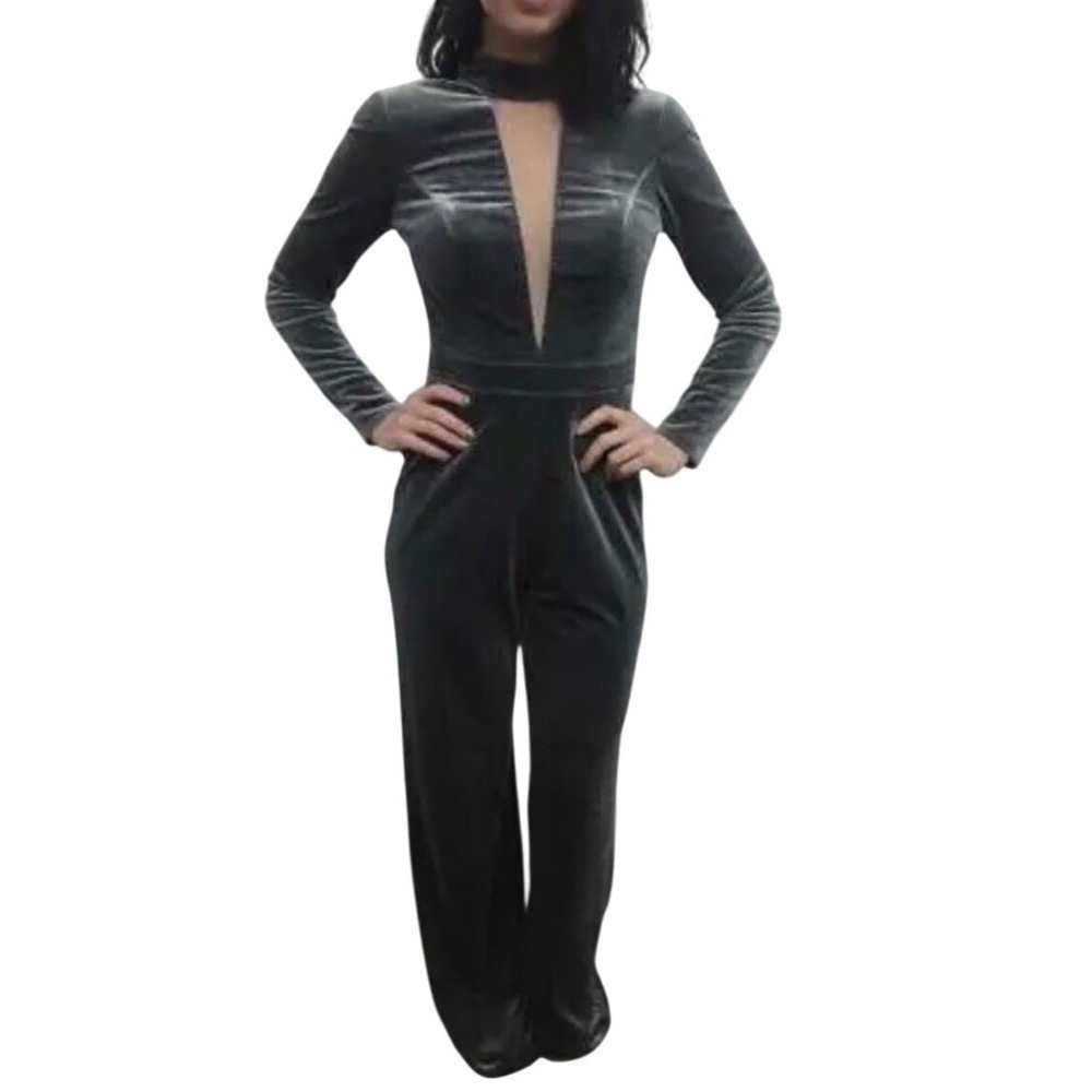 JOVANI Velvet Plunging Neckline Long Sleeve Wide Leg Jumpsuit Sz 4 Gray Disco